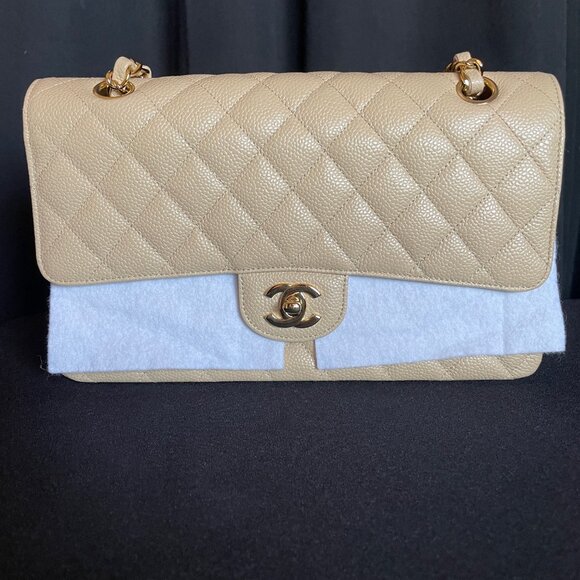 NEW CHANEL Classic Caviar Medium Double Flap Bag Beige Clair Gold Hardware - Picture 13 of 16
